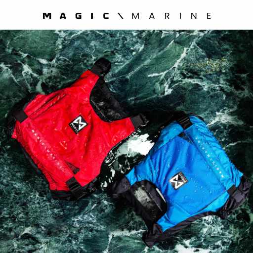 Two life jackets, one red and one blue, floating on water with 'Magic Marine' branding.