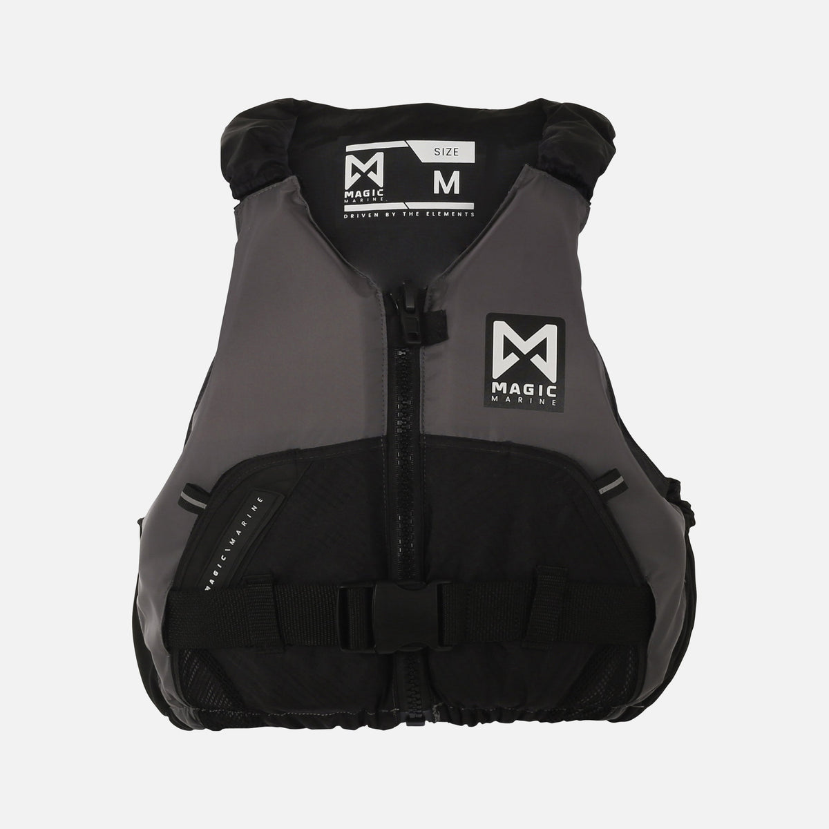 The front of a size Medium gray flotation vest, with a Magic Marine logo on the front left, on a white background