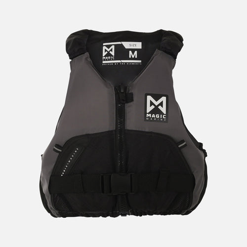 The front of a size Medium gray flotation vest, with a Magic Marine logo on the front left, on a white background