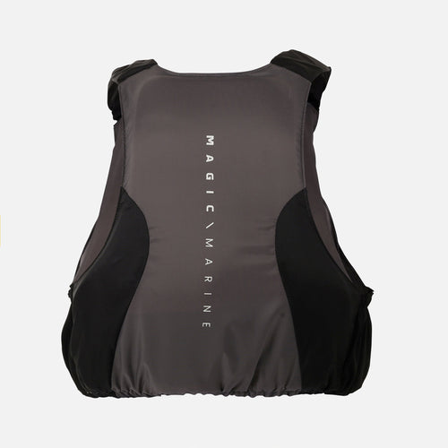 The back of a gray flotation vest, saying 'Magic Marine' along the back, on a white background