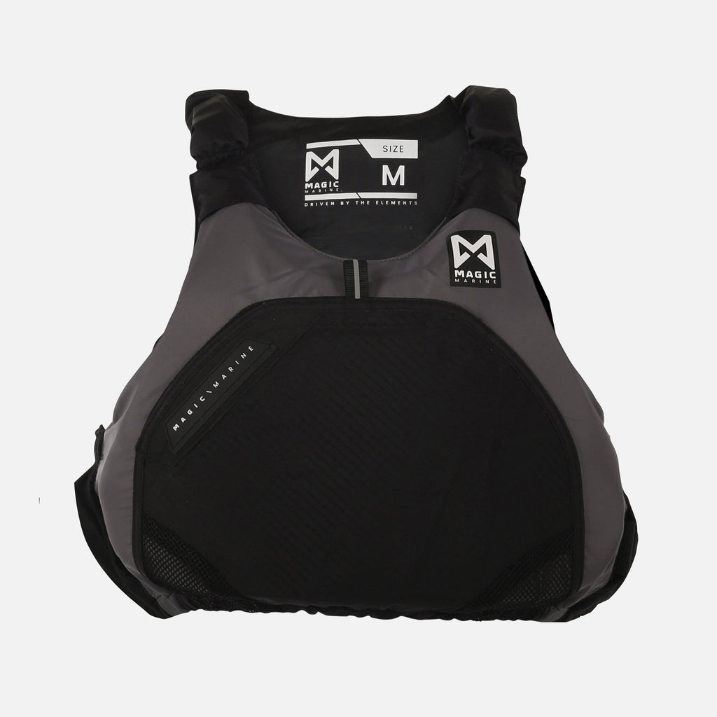 A black and gray life jacket with the Magic Marine logo on the front left side. 