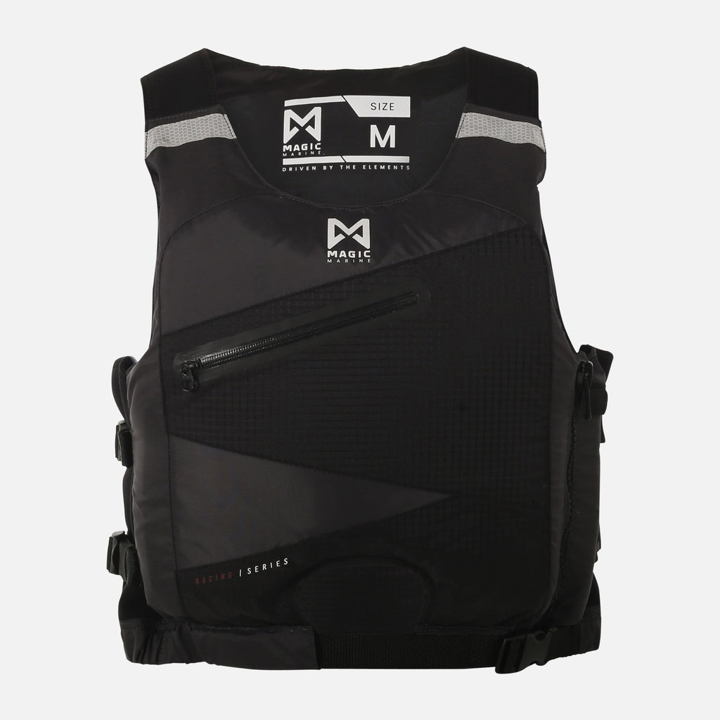 The front of a black flotation vest, with a zipper pocket in the front and a Magic Marine logo in the upper centre. On a white background. 