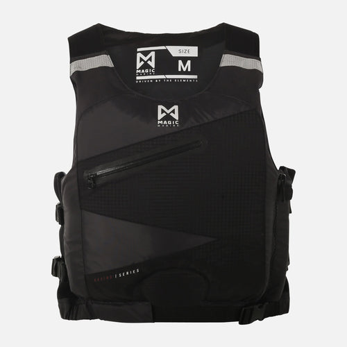 The front of a black flotation vest, with a zipper pocket in the front and a Magic Marine logo in the upper centre. On a white background. 